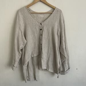 Bodil Natural Linen Asymmetric Button Front Lagenlook Tan Bohemian Blouse XL